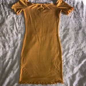 Yellow and white striped mini summer shirt dress